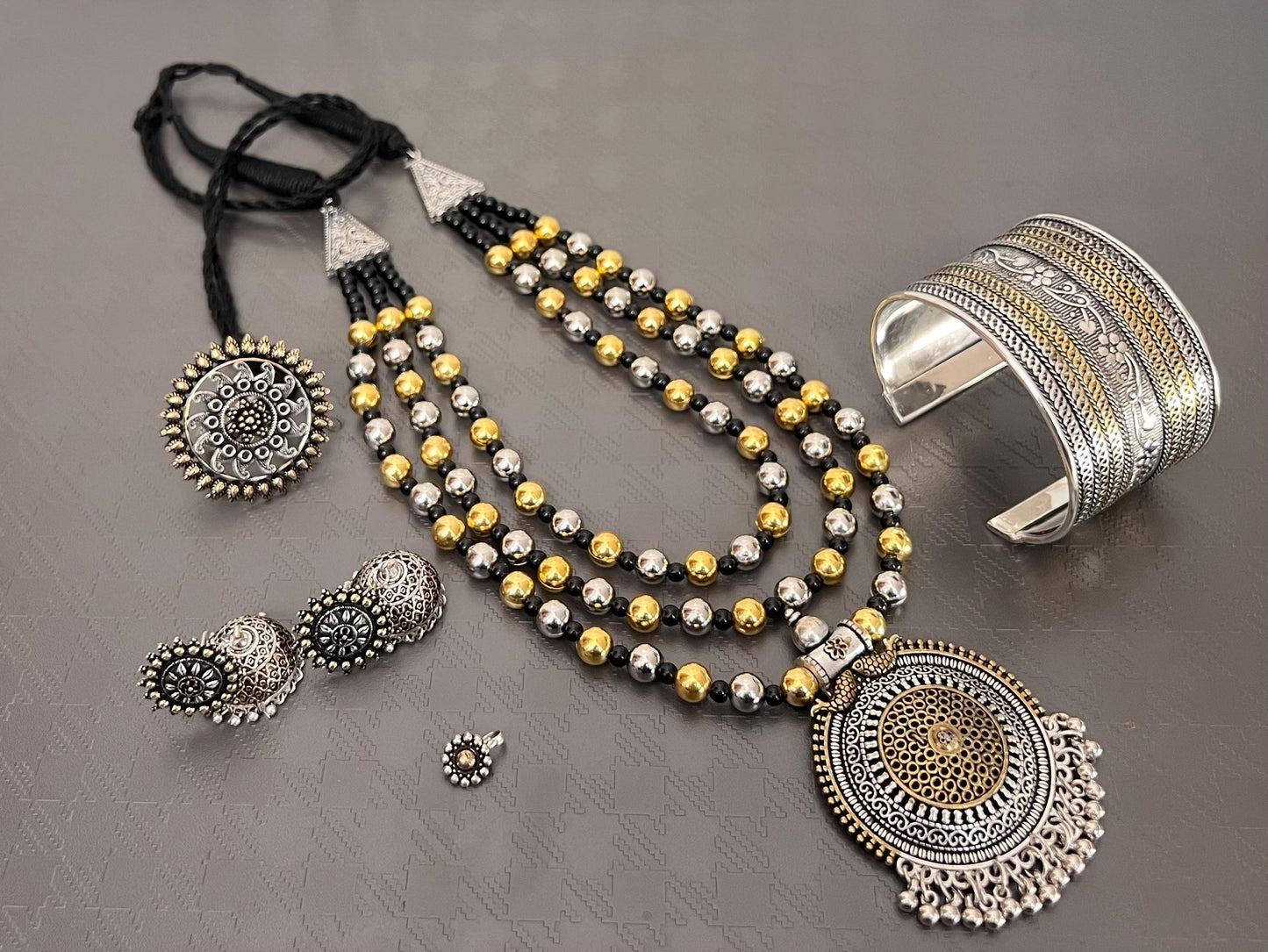 Premium Quality Imitation Jewelry Dual Tone 3 Layer Necklace Set Style-1
