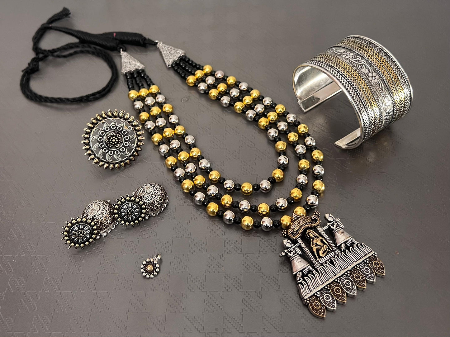 Premium Quality Imitation Jewelry Dual Tone 3 Layer Necklace Set Style-2
