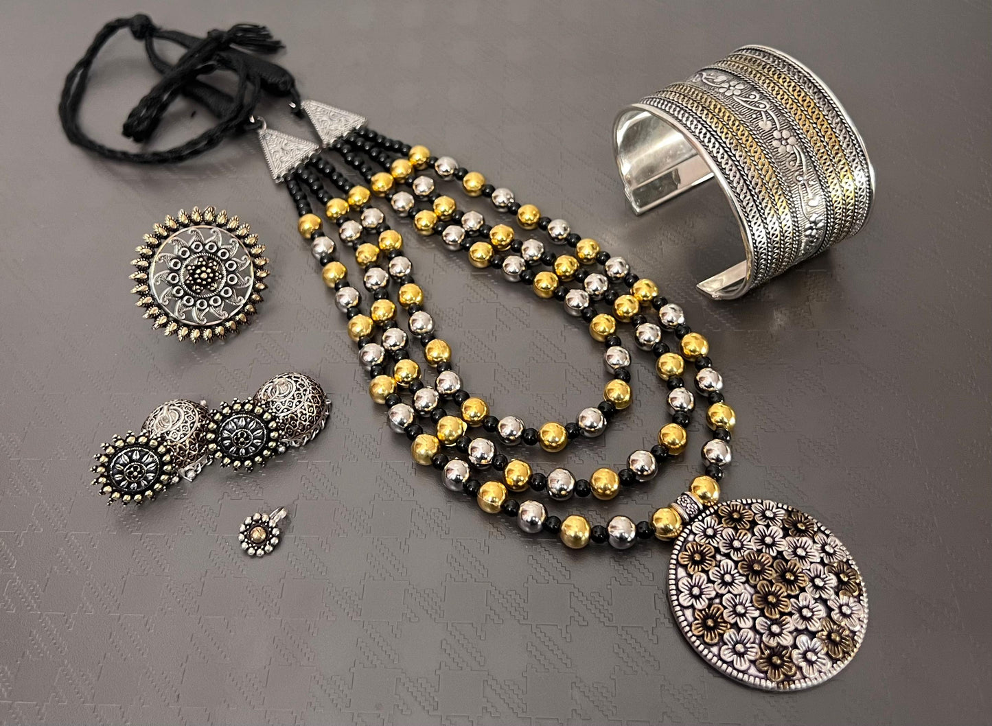Premium Quality Imitation Jwelry Dual Tone 3 Layer Necklace Set Style-6