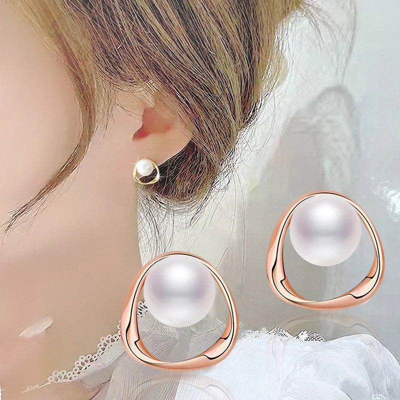 Gold Plated Triangle Shaped Pearl Studded Korean Stud Earrings