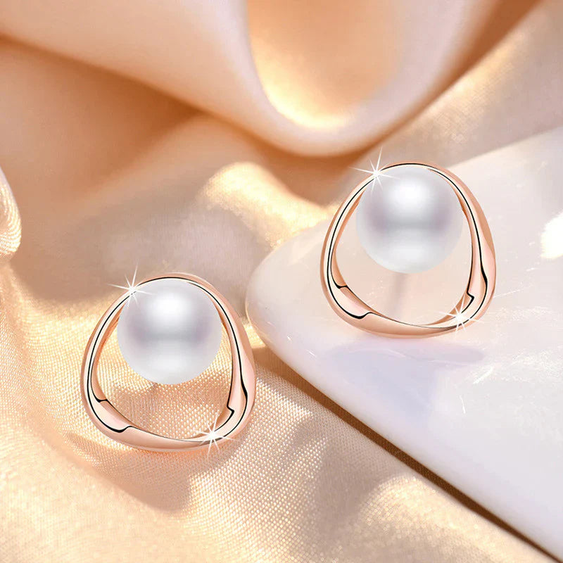 Gold Plated Triangle Shaped Pearl Studded Korean Stud Earrings