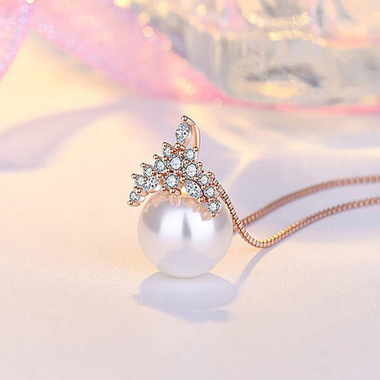 American Diamond Studded Crown Like Pearl Studded Korean Pendant