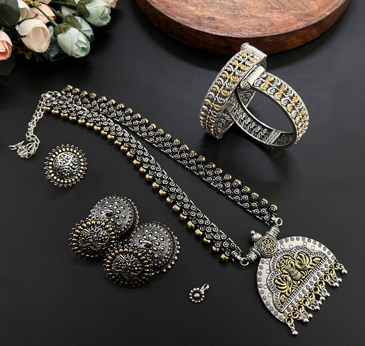 Premium Quality  Imitation Jewelry Long Chain Dual Tone Pendant Set Style-6