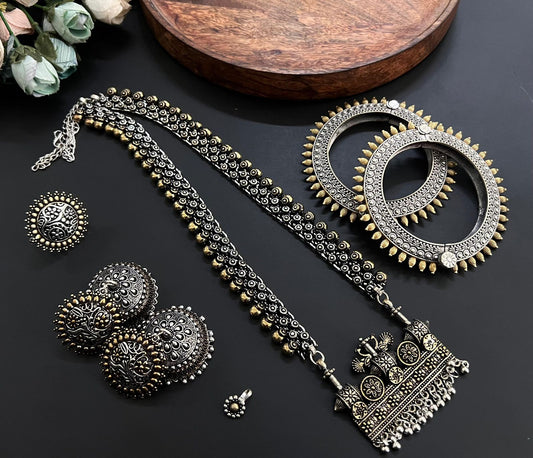 Premium Quality  Imitation Jewelry Long Chain Dual Tone Pendant Set Style-7