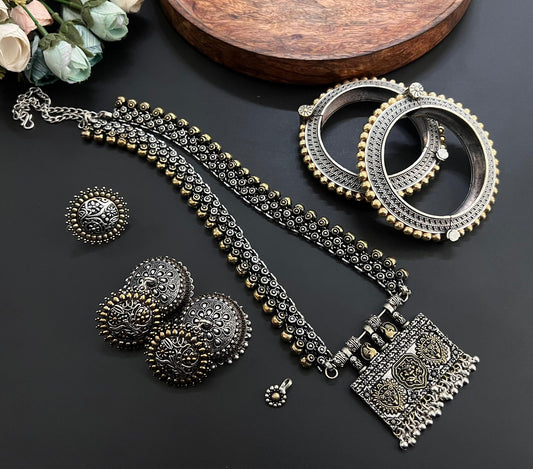 Premium Quality  Imitation Jewelry Long Chain Dual Tone Pendant Set Style-5