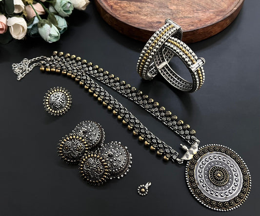 Premium Quality  Imitation Jewelry Long Chain Dual Tone Pendant Set Style-3