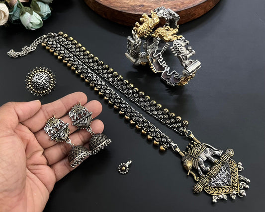 Premium Quality  Imitation Jewelry Long Chain Dual Tone Pendant Set Style-4