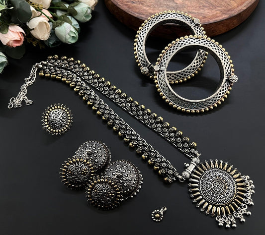 Premium Quality  Imitation Jewelry Long Chain Dual Tone Pendant Set Style-2
