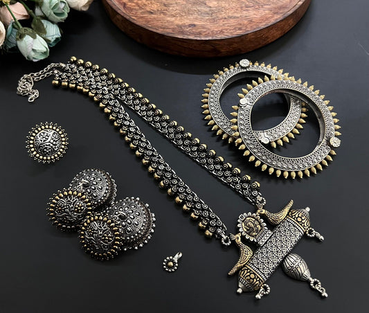 Premium Quality  Imitation Jewelry Long Chain Dual Tone Pendant Set Style-1