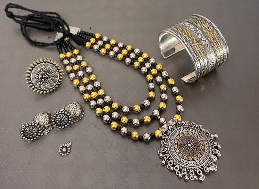 Premium Quality Imitation Jewelry Dual Tone 3 Layer Necklace Set Style-5